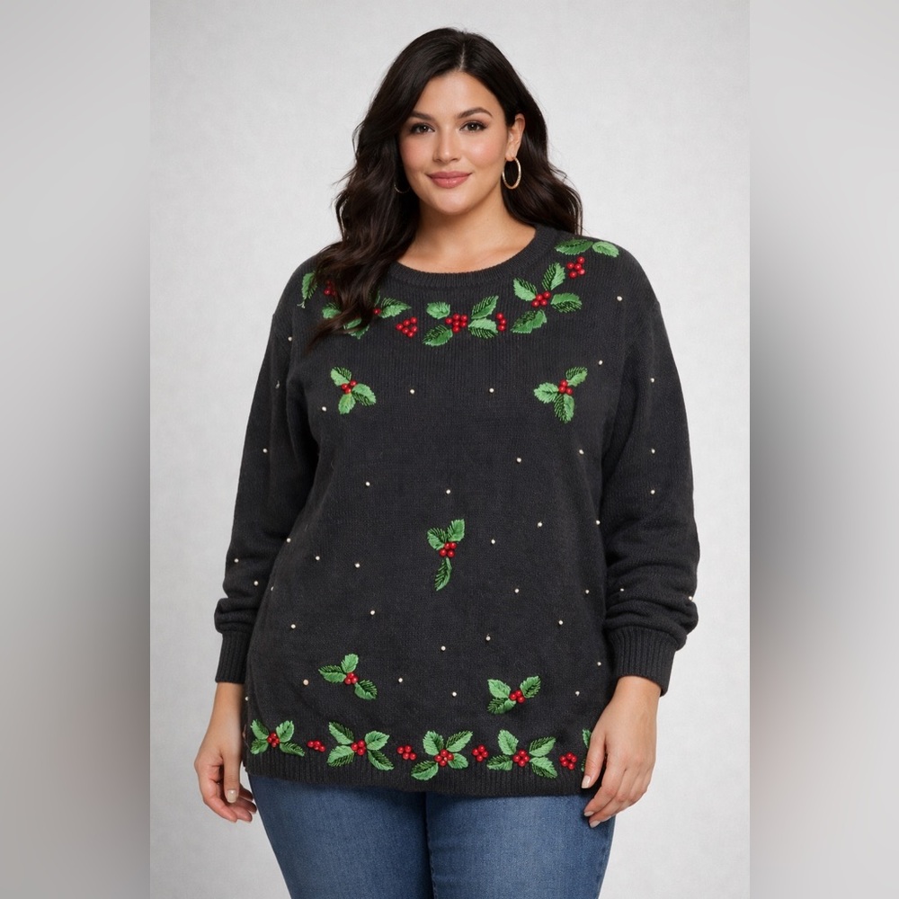 Bonnie Bill by Holly‎ Black Beaded Holly Christmas Sweater Size Med Ramie Cotton